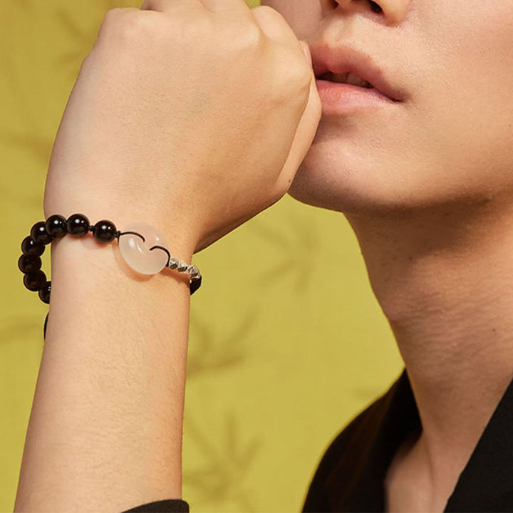 Bracciale Buddha Stones 925 Sterling Silver Ossidiana Nera Agata Fibbia della Pace Forza