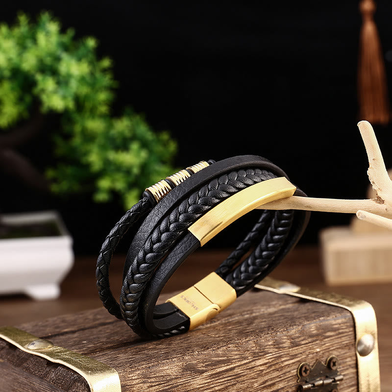 Bracciale con fibbia magnetica intrecciata in acciaio al titanio multistrato in pelle Buddha Stones