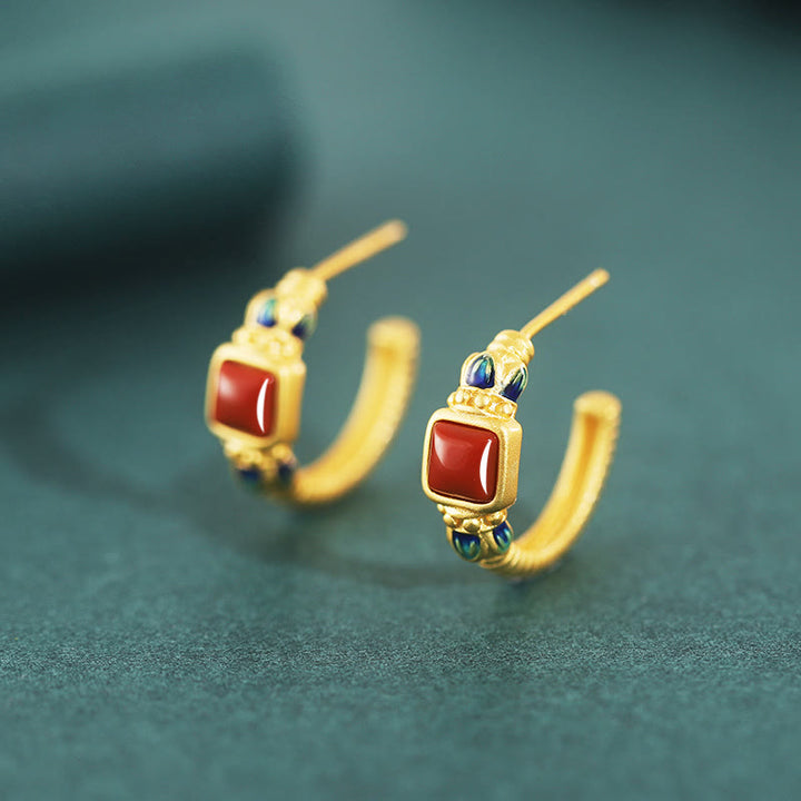 Orecchini a bottone in argento sterling 925 con agata rossa e loto, fiducia e calma