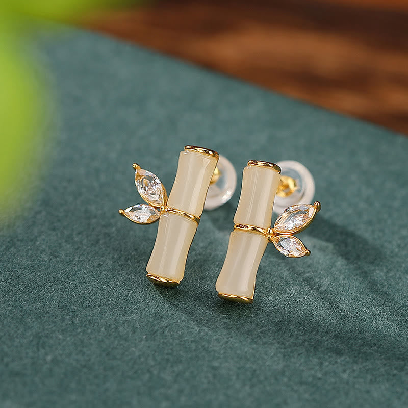 Orecchini a bottone con motivo di bambù e agata rossa, in argento sterling 925, Buddha Stones e giada ciano di Hetian, giada bianca e motivo di bambù