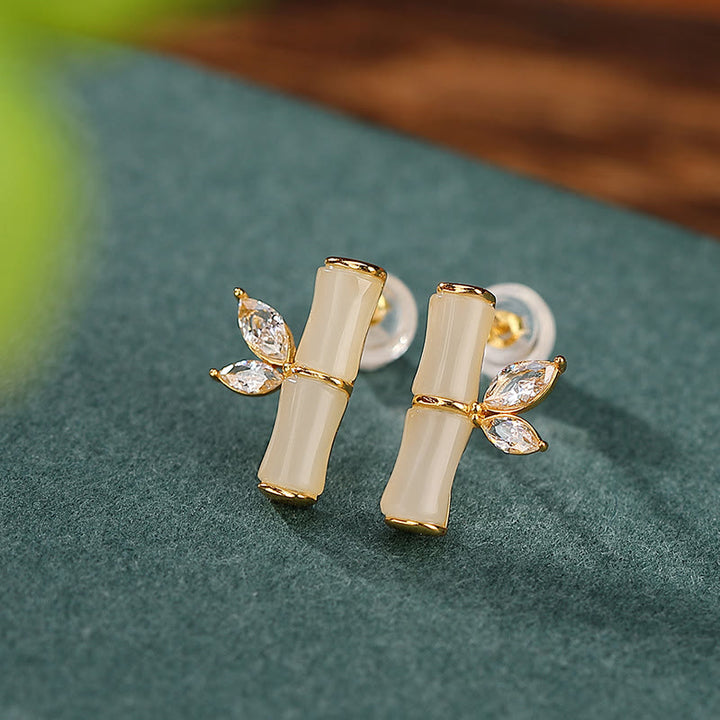 Orecchini a bottone con motivo di bambù e agata rossa, in argento sterling 925, Buddha Stones e giada ciano di Hetian, giada bianca e motivo di bambù