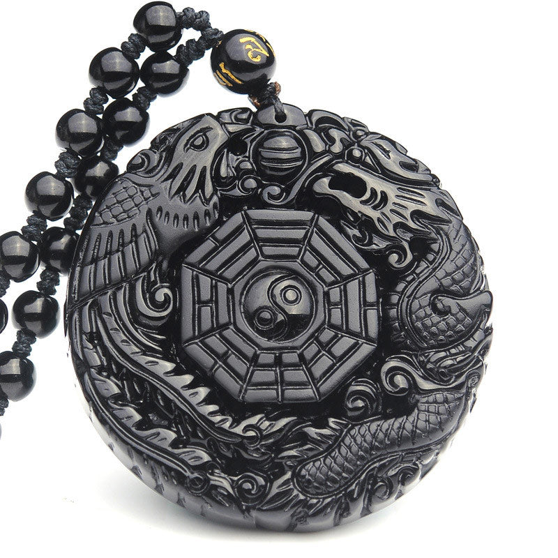 Collana con ciondolo Buddha Stones Bagua Dragon Phoenix Obsidian Fulfilment - Ossidiana - image 1