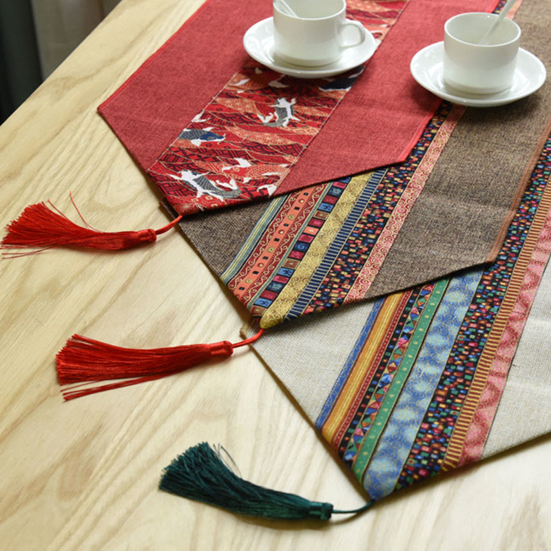 Buddha Stones Stile cinese classico Loto Koi Pesce Fiore Gru Calligrafia Illuminazione Cotone Lino Nappe Runner da tavolo