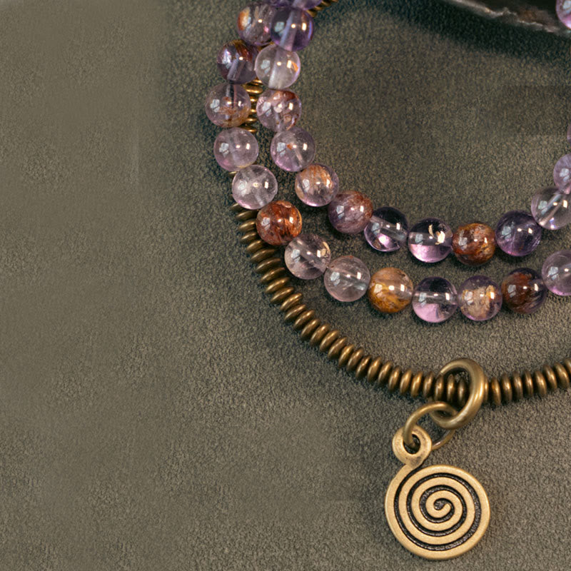 Bracciale Buddha Stones Viola Phantom Rosso Quarzo Ematoide Quarzo Rutilato Verde Rame Amore Perdona