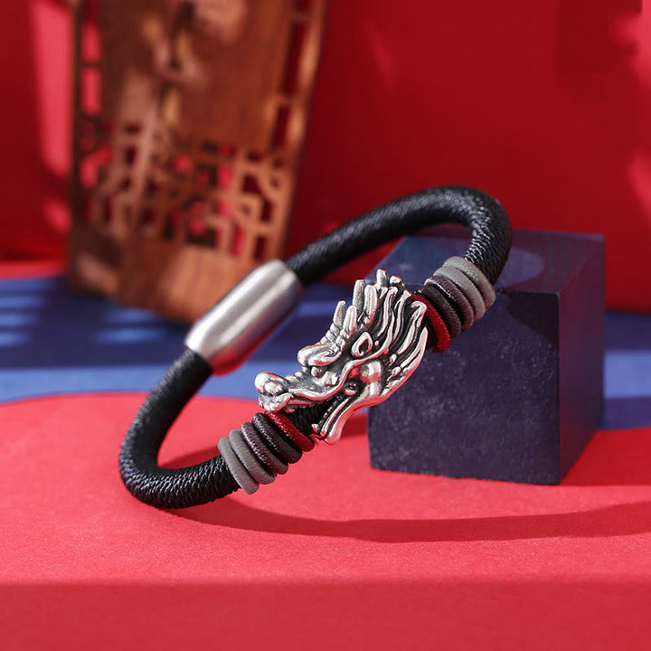 Braccialetto Buddha Stones 999 Sterling Silver Dragon Luck fatto a mano intrecciato per bambini e adulti