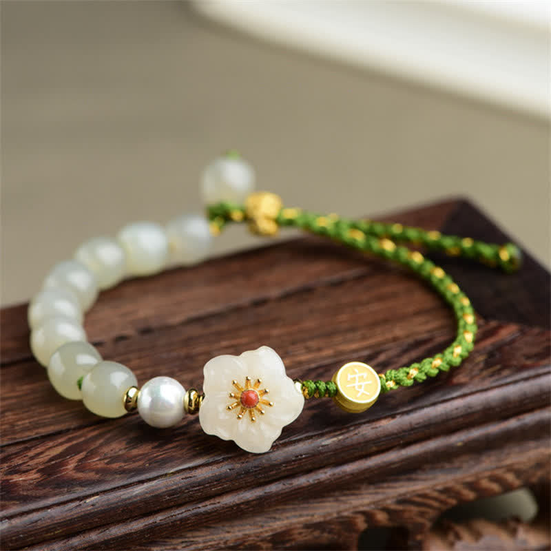 Braccialetto portafortuna in argento sterling 925 con giada naturale Hetian e fiori di pesco