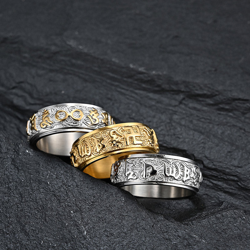 Buddha Stones Sei parole vere Equilibrio Calma Anello in titanio e acciaio