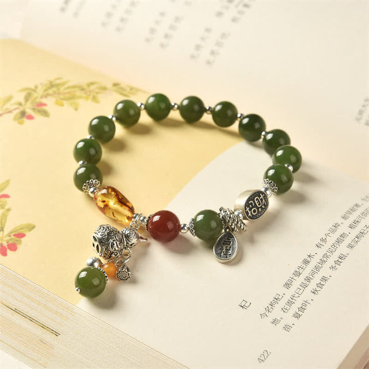 Bracciale Buddha Stones 925 Sterling Silver Hetian Cyan Jade Zucca Ambra Successo