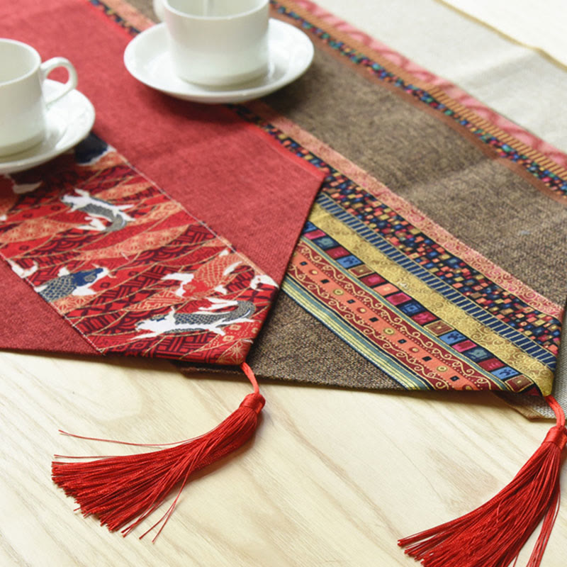 Buddha Stones Stile cinese classico Loto Koi Pesce Fiore Gru Calligrafia Illuminazione Cotone Lino Nappe Runner da tavolo