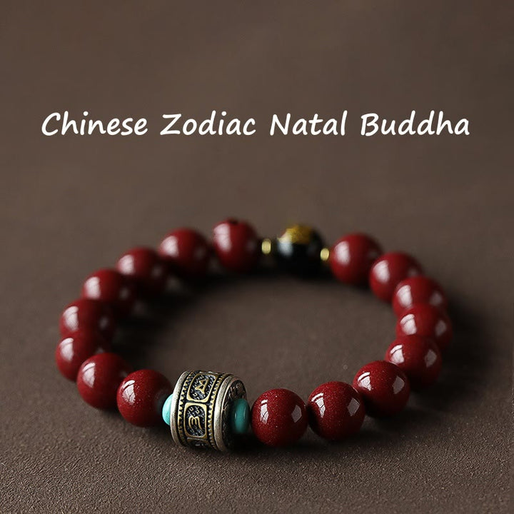 Bracciale Buddha Stones 925 Sterling Silver Zodiaco Cinese Buddha Natale Cinabro Om Mani Padme Hum Calm