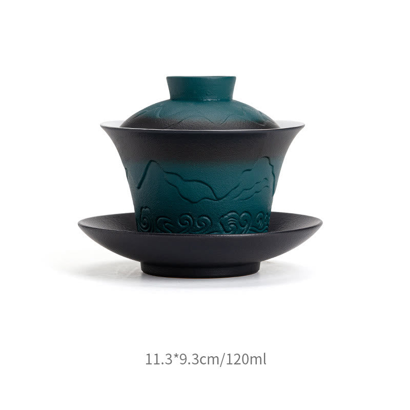 Buddha Stones Retro Blu Oceano Mare Onde Gradiente Ceramica Gaiwan Sancai Tazza da Tè Kung Fu Tazza da Tè e Piattino con Coperchio