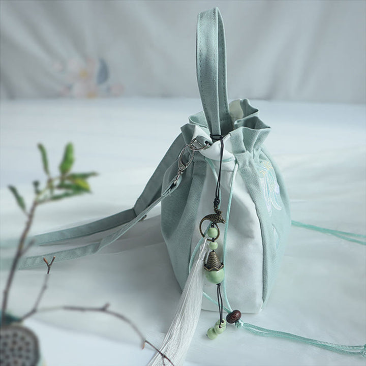 Borsa a tracolla in tela con fiori ricamati a mano con Buddha Stones