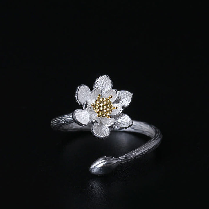 Anello di benedizione del fiore di loto in argento sterling 925 Buddha Stones