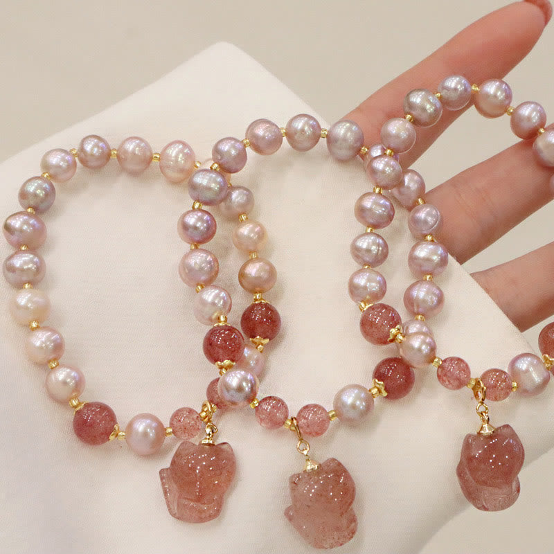 Braccialetto con ciondolo guarigione amore volpe carina perla naturale quarzo fragola Buddha Stones