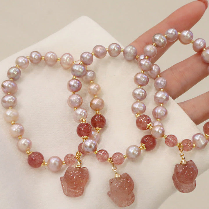 Braccialetto con ciondolo guarigione amore volpe carina perla naturale quarzo fragola Buddha Stones