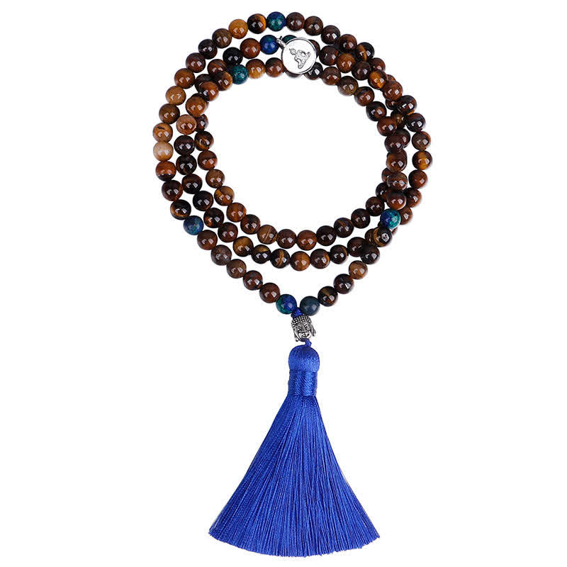 Buddha Stones 108 Mala Beads Occhio di tigre Buddha Forza Braccialetto Nappa Collana Pendente