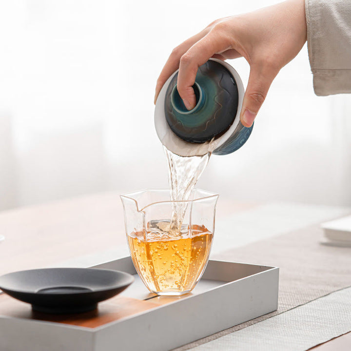 Buddha Stones Retro Blu Oceano Mare Onde Gradiente Ceramica Gaiwan Sancai Tazza da Tè Kung Fu Tazza da Tè e Piattino con Coperchio