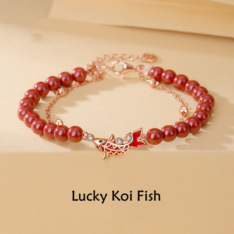 Bracciale a catena a doppio strato con zirconi e cinabro, in argento sterling 925, con pesce koi portafortuna, Buddha Stones