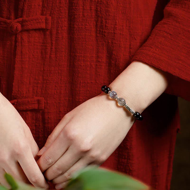 Bracciale di coppia in argento sterling 925 con pietra di luna e ossidiana