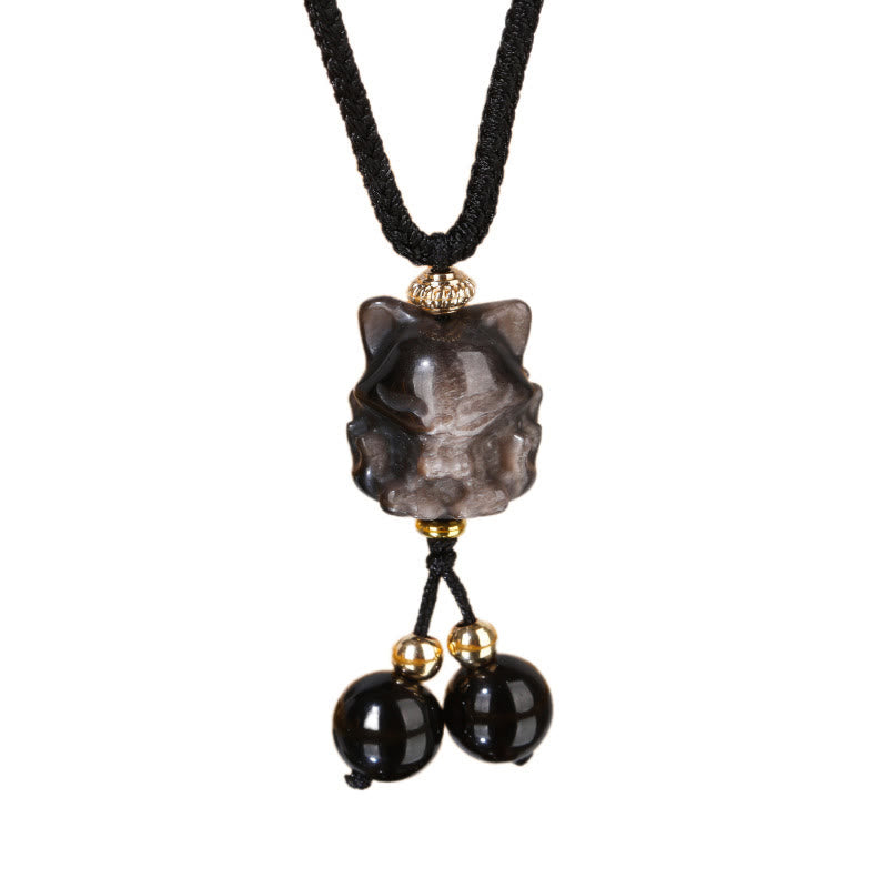 Collana con ciondolo di protezione a forma di volpe a nove code in ossidiana lucida d'argento naturale Buddha Stones