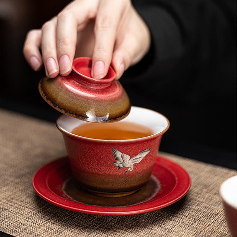 Buddha Stones Red Gru di buon auspicio Ceramica Gaiwan Sancai Tazza da tè Kung Fu Tazza da tè e piattino con coperchio
