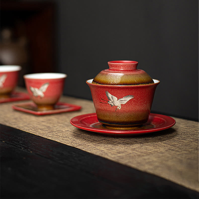 Buddha Stones Red Gru di buon auspicio Ceramica Gaiwan Sancai Tazza da tè Kung Fu Tazza da tè e piattino con coperchio