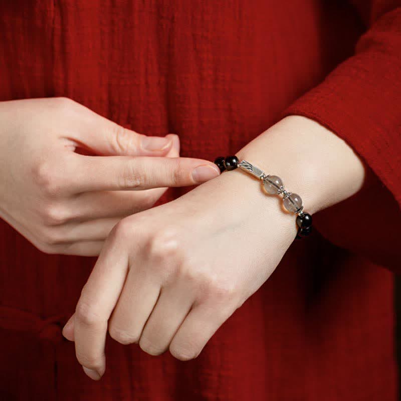 Bracciale di coppia in argento sterling 925 con pietra di luna e ossidiana