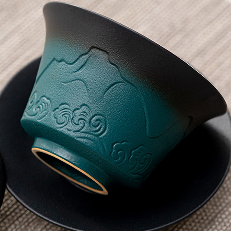 Buddha Stones Retro Blu Oceano Mare Onde Gradiente Ceramica Gaiwan Sancai Tazza da Tè Kung Fu Tazza da Tè e Piattino con Coperchio