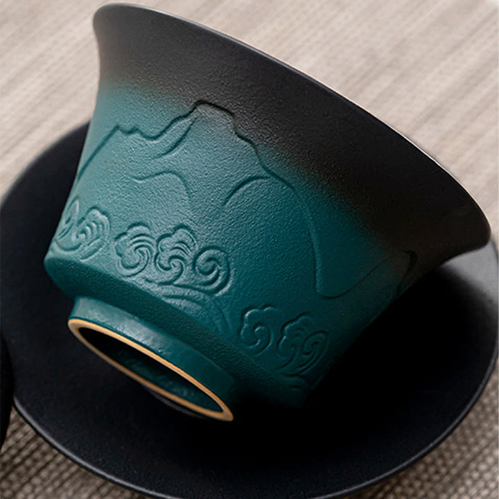 Buddha Stones Retro Blu Oceano Mare Onde Gradiente Ceramica Gaiwan Sancai Tazza da Tè Kung Fu Tazza da Tè e Piattino con Coperchio