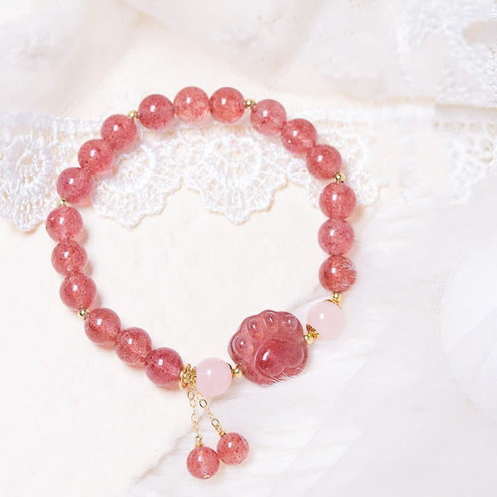 Braccialetto dell'amore con zampa di gatto portafortuna in cristallo rosa e quarzo fragola naturale Buddha Stones - Quarzo fragola - image 1