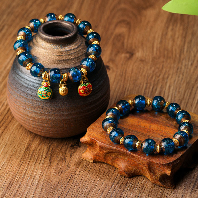 Buddha Stones Oro Deglutizione Bestia Famiglia Ciondolo Liuli Perline di Vetro Braccialetto della Fortuna