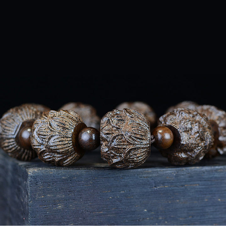 Braccialetto di equilibrio inciso Buddha Stones, legno di ebano, diciotto Arhat, drago di loto