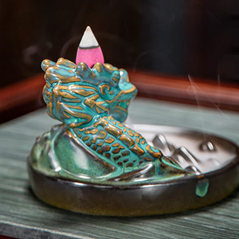 Bruciatore di incenso con fontana di fumo a riflusso in ceramica con motivo a drago, decorazione
