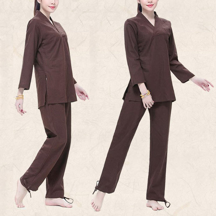 Buddha Stones Zen Pratica Yoga Meditazione Preghiera Scollo a V Design Uniforme Cotone Lino Abbigliamento Donna Set - image 11