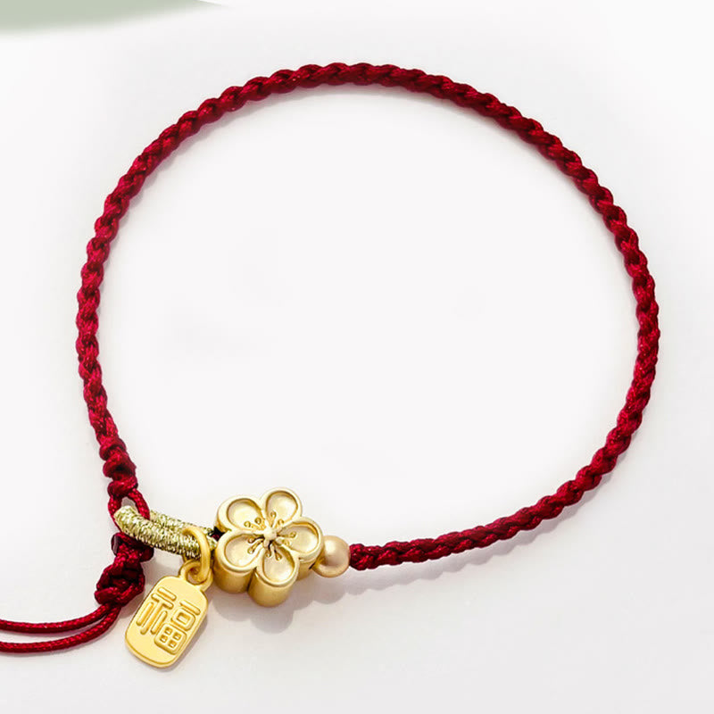 Braccialetto con corda rossa con ciondolo a forma di fiocco con rosetta in fiore di pesco fatto a mano con carattere Fu e nodo Buddha Stones