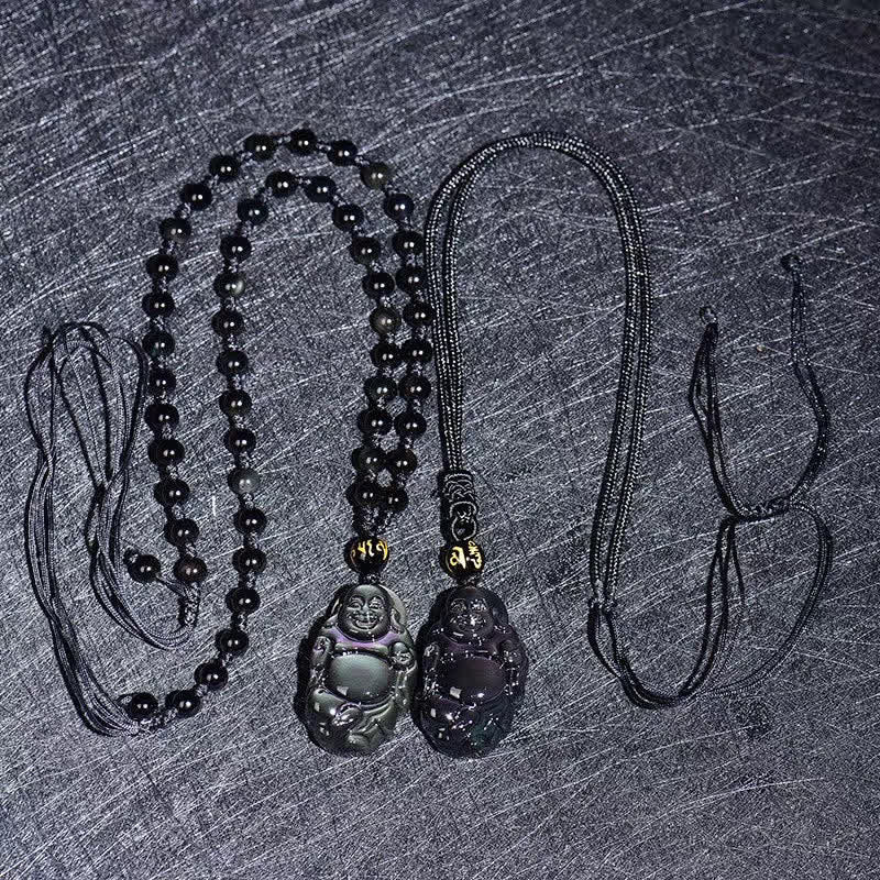 Collana con ciondolo Buddha che ride in ossidiana arcobaleno naturale con pace interiore - image 6