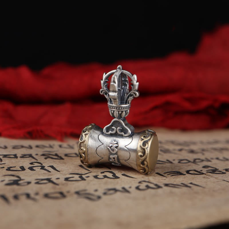 Buddha Stones Tibet 925 Sterling Silver Om Mani Padme Hum Dorje Campana Vajra Inciso Illuminazione Ciondolo Appeso Decorazione