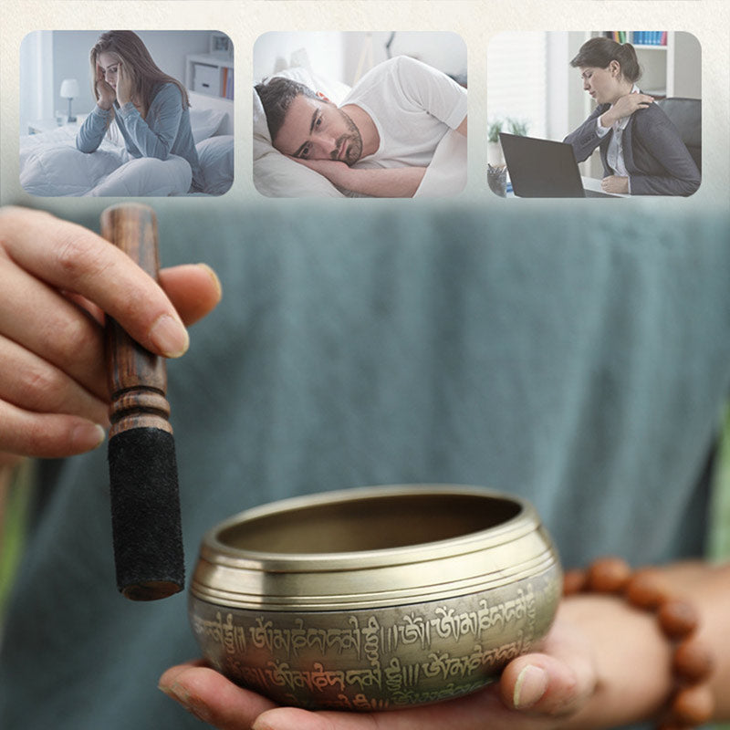 Buddha Stones Tibetan Sound Bowl realizzata a mano per concentrazione e meditazione Peaceful Happiness Singing Bowl Set