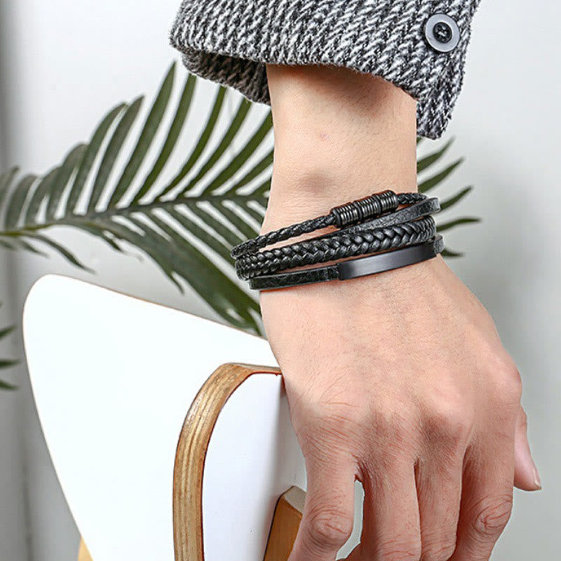 Bracciale con fibbia magnetica intrecciata in acciaio al titanio multistrato in pelle Buddha Stones
