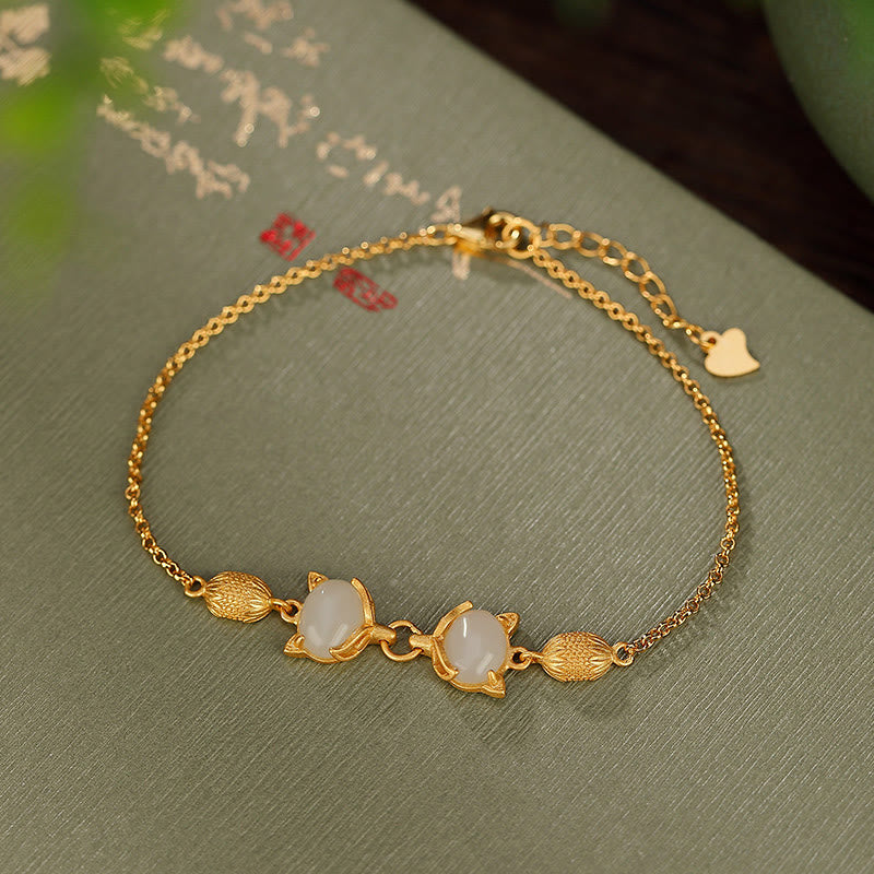 Braccialetto portafortuna con giada bianca naturale Hetian in argento sterling 925 Buddha Stones, giada ciano e volpe adorabile