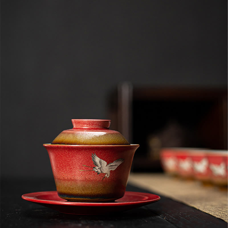 Buddha Stones Red Gru di buon auspicio Ceramica Gaiwan Sancai Tazza da tè Kung Fu Tazza da tè e piattino con coperchio