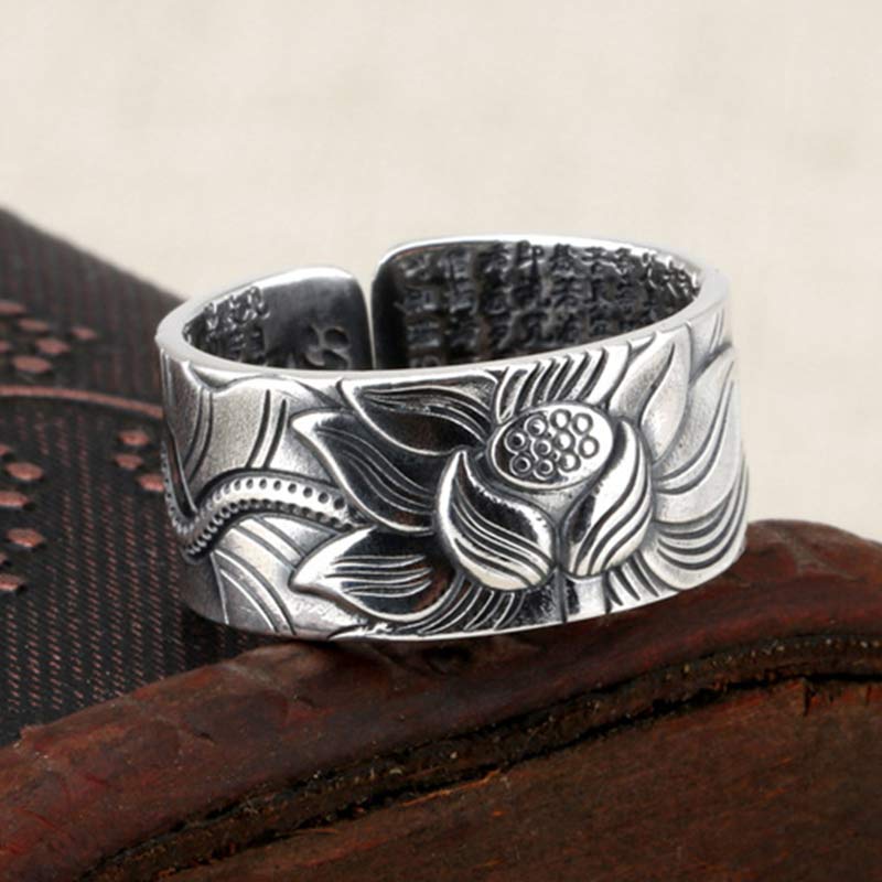 Anello di protezione del sutra del cuore con simbolo del loto in argento sterling 999 Buddha Stones