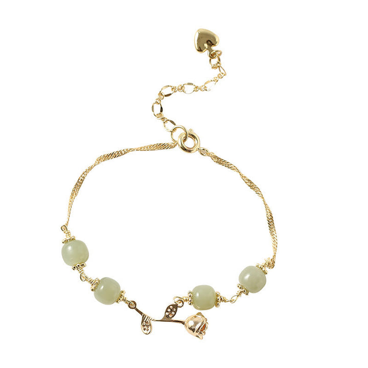 Bracciale con catena portafortuna in giada Hetian placcata in oro 14K con fiore di rosa dorata e Buddha Stones