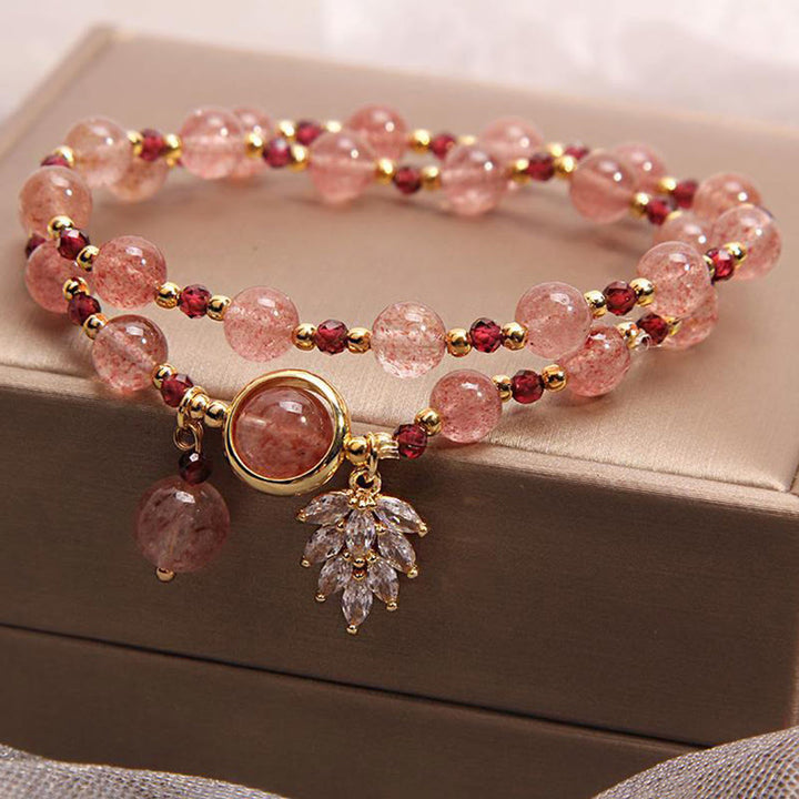 Braccialetto a doppio giro con ciondolo a forma di foglia d'acero con quarzo fragola naturale Buddha Stones Love Healing