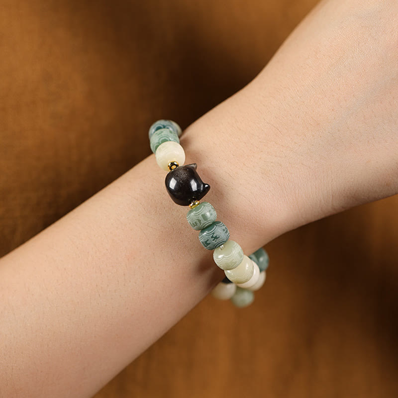 Buddha Stones Semi di Bodhi Argento Lucentezza Ossidiana Testa di Gatto Om Mani Padme Hum Braccialetto Armonia Inciso - image 12