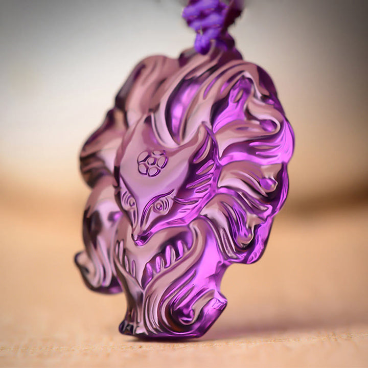 Collana con ciondolo portafortuna a forma di volpe a nove code, in cristallo bianco, ametista naturale, citrino e Buddha Stones