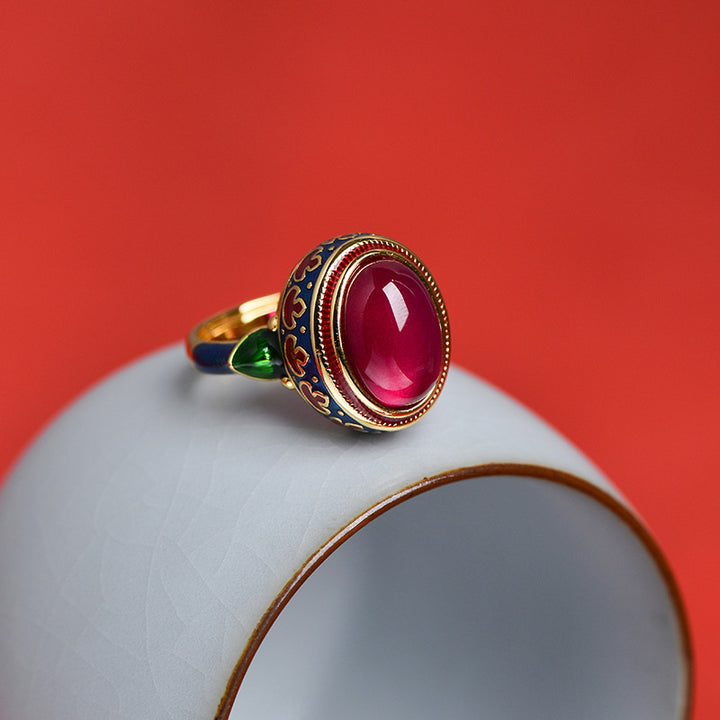 Anello Buddha Stones 925 Sterling Silver Corindone Rosso Coraggio