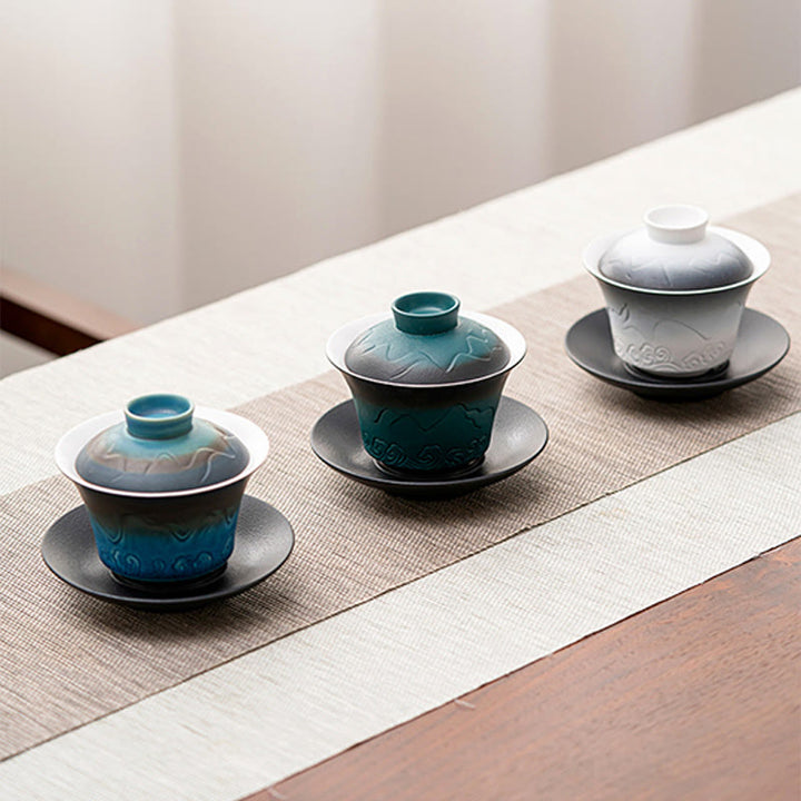 Buddha Stones Retro Blu Oceano Mare Onde Gradiente Ceramica Gaiwan Sancai Tazza da Tè Kung Fu Tazza da Tè e Piattino con Coperchio