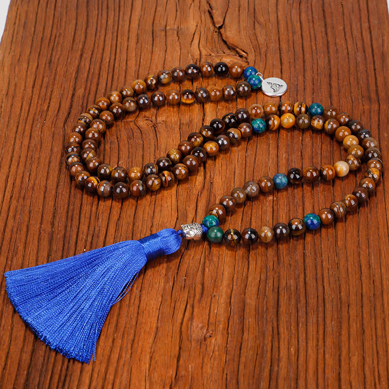 Buddha Stones 108 Mala Beads Occhio di tigre Buddha Forza Braccialetto Nappa Collana Pendente