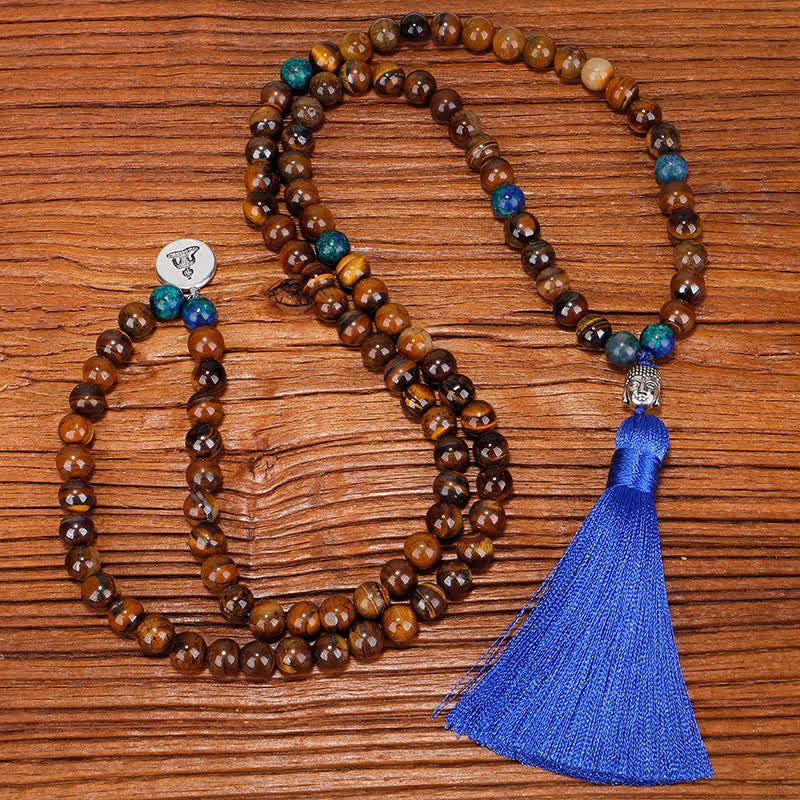 Buddha Stones 108 Mala Beads Occhio di tigre Buddha Forza Braccialetto Nappa Collana Pendente